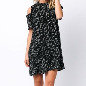 Black polka dot cold shoulder dress
